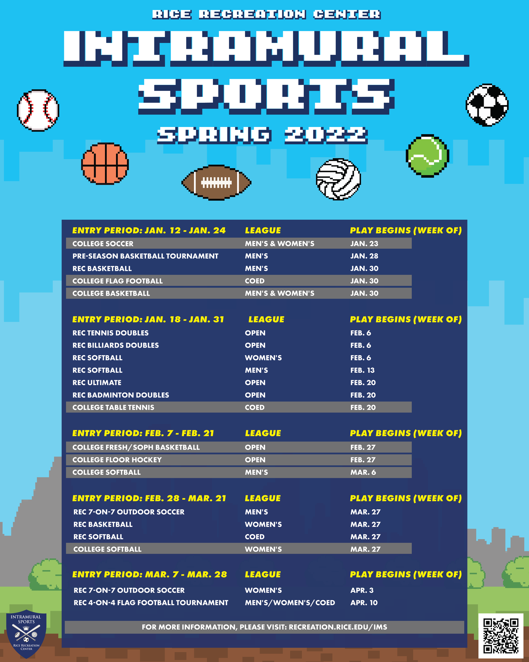 Spring 2022 Rice Calendar Intramural Sports Schedule |Recreation Center | Rice University